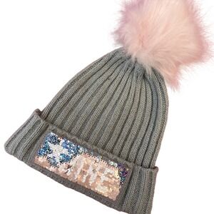 Justice Girls Gray Ribbed Knit Beanie Pink Faux Fur Pom Sequin Love Hat OS